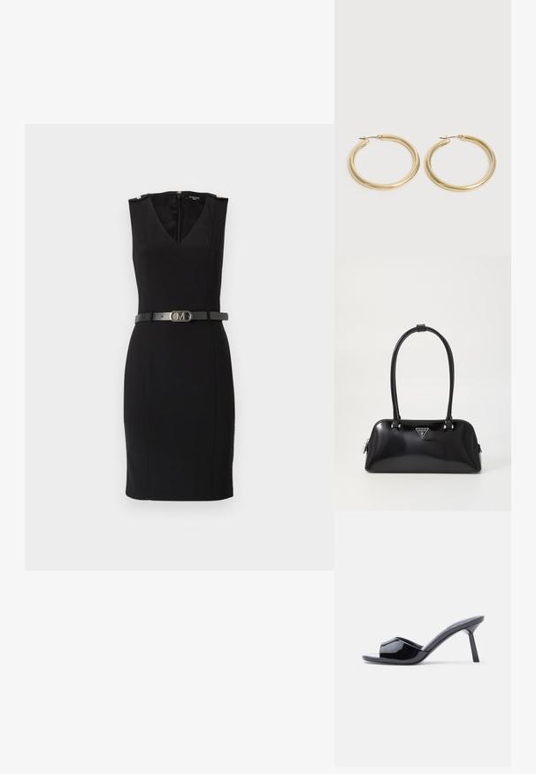 Vestido negro ajustado con escote en V, diseño sin mangas, que presenta acentos dorados en los hombros y un cinturón negro ceñido con una hebilla metálica.; Sandalias de tacón con punta abierta de charol negro, con un diseño superior curvado y tacón de aguja cónico. Acabado liso y brillante.; Bolso de mano negro brillante con una silueta curva, dos asas y una placa de logo en la parte frontal. Cierre de cremallera y acentos de hardware brillante.; Par de pendientes de aro de oro liso y brillante con postes delgados y cierres con bisagra sobre un fondo claro y sencillo.