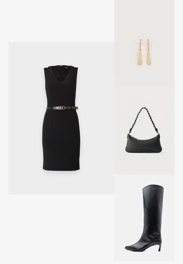 Schwarzes figurbetontes Kleid mit V-Ausschnitt und ohne Ärmel, ausgestattet mit goldenen Schulterakzenten und einem taillierten schwarzen Gürtel mit einer metallischen Schnalle.; Knielanger schwarzer Lederstiefel mit spitzer Zehe und schlankem, hohem Absatz. Glatte Textur mit minimaler Hardware und Markenlogo in der Nähe des oberen Randes.; Schwarze Lederschultertasche mit gewölbter rechteckiger Form, goldener Kette, die in den geflochtenen schwarzen Riemen eingewebt ist, und Reißverschlussverschluss oben.; Ohrhänger in Gold-Ton mit glatten, länglichen Tropfenanhängern, die an kleinen Creolenverschlüssen hängen, auf weißem Hintergrund.