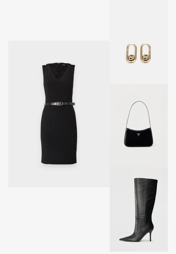 Vestido negro ajustado con escote en V, diseño sin mangas, que presenta acentos dorados en los hombros y un cinturón negro ceñido con una hebilla metálica.; Bota de cuero negro hasta la rodilla con puntera afilada y tacón de aguja delgado, textura suave, perfil lateral sobre fondo neutro.; Bolso de hombro de charol negro con correa delgada, logotipo triangular de Guess en el frente y cierre superior con cremallera.; BOSS DOUBLE B SWING - Pendientes - gold-coloured