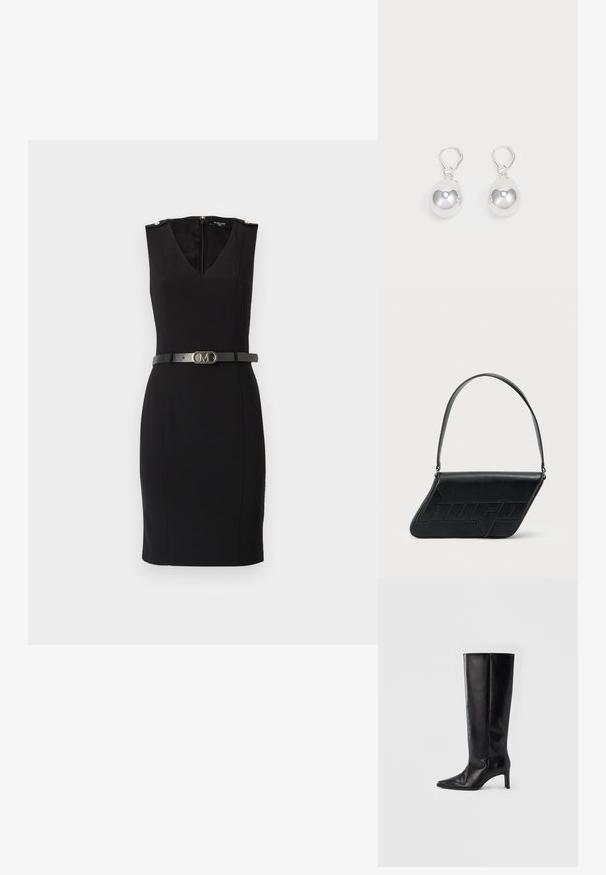 Robe noire ajustée avec un décolleté en V, sans manches, dotée d'accents dorés aux épaules et d'une ceinture noire cintrée avec une boucle métallique.; Bottes noires montantes en cuir lisse, avec un bout pointu et un talon fin, une tige ajustée et un design minimaliste.; Sac d'épaule en cuir noir de forme triangulaire, avec un logo embossé et une seule bandoulière réglable. Design minimaliste avec une texture lisse.; Boucles d'oreilles en argent en forme de goutte avec des surfaces lisses, rondes et réfléchissantes, suspendues à des fermoirs à ressort. L'arrière-plan est blanc uni.