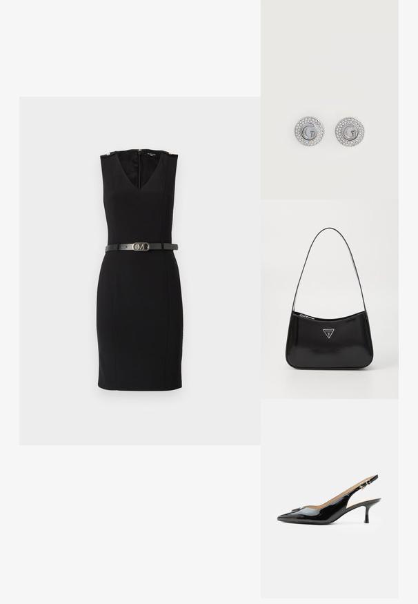 Vestido negro ajustado con escote en V, diseño sin mangas, que presenta acentos dorados en los hombros y un cinturón negro ceñido con una hebilla metálica.; Tacón slingback de charol negro con puntera puntiaguda, tacón pequeño tipo kitten y correa con hebilla plateada sobre un fondo blanco liso.; Bolso de hombro de charol negro con forma curva, que presenta un logotipo triangular plateado y un cierre de cremallera. Textura suave y correa delgada.; Pendientes de botón redondos plateados con una letra G en el centro, rodeada por dos filas de pequeños cristales transparentes.