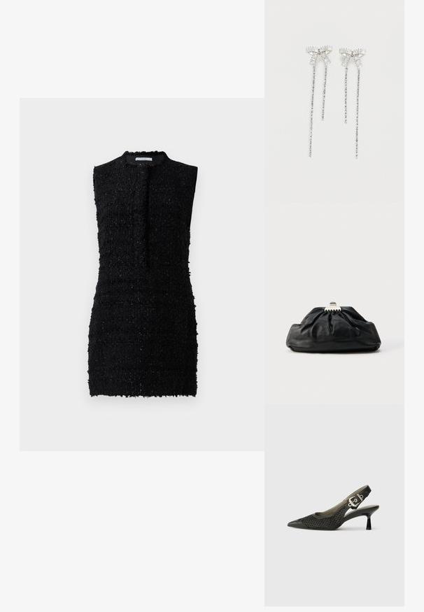 Sort ærmeløs kjole lavet af tekstureret stof med en lidt løs pasform, der har en høj halsudskæring og minimal detaljer.; Sort slingback sko med spids tå, vævet netstruktur og spændeaccent ved hælen. Slank, buet hæl. Glatte detaljer i læder.; Sort læderclutch med en samlet tekstur, metal lukning og diskret præget logo på forsiden. Rundet form.; Lange sølvøreringe med en klynge af rhinsten øverst og hængende tråde af mindre rhinsten nedenunder.