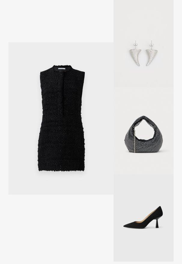 Vestido negro sin mangas hecho de una tela texturizada con un ajuste ligeramente holgado, que presenta un escote alto y un detalle mínimo.; Zapato de tacón alto de ante negro con punta afilada, que cuenta con un tacón de bloque negro brillante y un forro interior suave.; Bolso de malla negra adornado con tachuelas plateadas, con un asa curvada y una correa de cadena. Textura suave con forma redondeada.; Pendientes en forma de cuerno plateado, engastados con pequeñas piedras transparentes, que cuentan con un cierre trasero para su sujeción. Textura suave y acabado metálico.