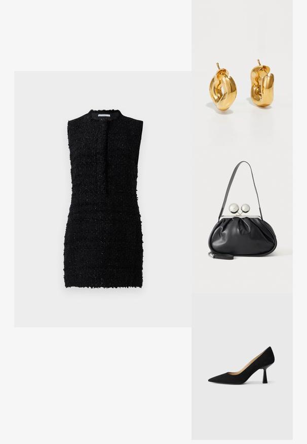 Schwarzes ärmelloses Kleid aus strukturiertem Stoff mit einem leicht lockeren Schnitt, hochgeschlossen und mit minimaler Detailgestaltung.; Schwarze Wildleder-Pumps mit hohem Absatz und spitzer Zehenform, ausgestattet mit einem glänzenden schwarzen Blockabsatz und einem glatten Innenfutter.; Schwarze Ledertasche mit gerafftem Design, einem einzelnen Riemen, silbernem Metallrahmen und zwei großen runden silbernen Verschlüssen.; Fette goldene Creolen mit einem leicht verdrehten, röhrenförmigen Design und Steckverschlüssen auf einem weißen Hintergrund.