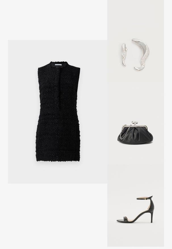 Vestido negro sin mangas hecho de una tela texturizada con un ajuste ligeramente holgado, que presenta un escote alto y un detalle mínimo.; Sándalo de tacón alto de piel negra con tiras en el tobillo. Presenta una textura suave, puntera abierta y un tacón delgado. Detalles de hebilla en tono dorado.; Clutch de cuero negro con textura arrugada, marco de metal en tono plateado, cierre de beso y cadena para colgar. Superficie suave y lisa.; Dos pendientes de plata curvados, uno más grande que el otro, ambos adornados con pequeños cristales brillantes a lo largo de un borde.