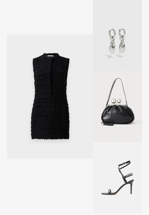 Vestido negro sin mangas hecho de una tela texturizada con un ajuste ligeramente holgado, que presenta un escote alto y un detalle mínimo.; Sandalia negra de tacón alto con tira delgada en el tobillo, tira en la parte media del pie decorada con eslabones de cadena plateados y diseño de punta abierta.; Bolso de mano de cuero negro con diseño fruncido, una sola correa, marco metálico plateado y dos cierres grandes redondos de plata.; Pendientes de aro de plata con enlaces ovalados alargados, con un acabado pulido y un colgante con textura. Diseño sencillo con bordes suaves.