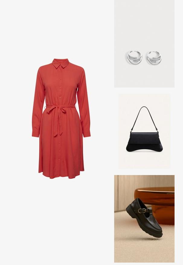 Vestido rojo de camisa con mangas largas, cierre frontal de botones y un cinturón de lazo en la cintura. Tejido suave y una silueta fluida y relajada.; Mocasín de cuero negro con una correa con hebilla dorada, suela gruesa, mostrado flotando sobre una alfombra beige con una mesa de madera marrón al fondo.; Bolso de cuero negro con fondo curvo, cierre de solapa y una sola correa fina para el hombro, sobre un fondo claro y liso.; Par de pendientes de aro plateados pulidos con diseño de barra curva en capas sobre un fondo claro y liso.