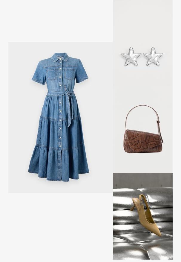 Robe en denim avec un col, des manches courtes, deux poches avant, un devant à boutons, une ceinture à la taille et un design de jupe à volants en bleu.; Chaussure beige en daim à talonkitten et bride arrière avec une boucle argentée, positionnée au-dessus d'une surface capitonnée métallique brillante.; Sac à bandoulière en cuir à motif peau de serpent marron avec une fermeture à rabat et une seule bandoulière réglable, sur un fond uni.; Boucles d'oreilles argentées en forme d'étoile, avec une surface lisse et brillante. Chaque boucle d'oreille possède cinq pointes et des détails subtils de texture de surface.