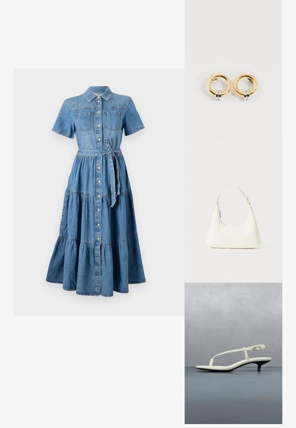 Robe en denim avec un col, des manches courtes, deux poches avant, un devant à boutons, une ceinture à la taille et un design de jupe à volants en bleu.; Sandale blanche à talon kitten avec des lanières et un bout pointu, flottant au-dessus d'un sol en carrelage en bois en plein air avec un arrière-plan flou de plante et de mur.; Petit sac blanc à épaule avec une seule bandoulière ajustable et une fermeture éclair, sur un fond blanc uni.; Boucles d'oreilles circulaires en or avec deux petites bagues en argent sur chacune, affichant des détails subtils du nom de la marque gravé, posées sur un fond blanc.