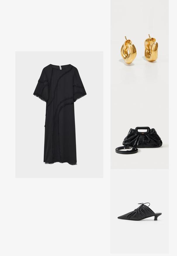 Robe midi noire à manches courtes, encolure ronde et bordure décorative à franges aux motifs courbés sur le devant, les manches et l’ourlet.; Mules noirs en cuir à enfiler avec un bout pointu, une texture froncée et un petit talon aiguille. Présente un détail à cordon au niveau de l'ouverture.; Petit sac à main en cuir noir avec texture froncée, poignée rectangulaire et fine bandoulière amovible placée à côté.; Boucles d'oreilles créoles en or massif avec un design tubulaire légèrement tordu et des fermoirs à tige sur un fond blanc.