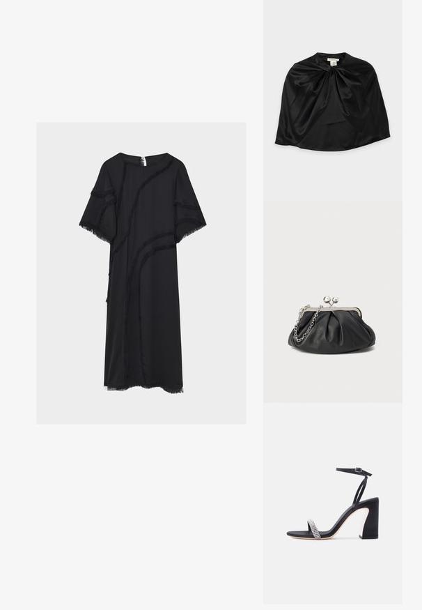 Robe midi noire à manches courtes, encolure ronde et bordure décorative à franges aux motifs courbés sur le devant, les manches et l’ourlet.; Sandale noire à talon haut avec bride à la cheville et bride ornée de strass étincelants sur fond blanc.; Cape en satin noir avec un détail de nœud torsadé au niveau de l'encolure, texture lisse, et étiquette visible à l'intérieur du col.; Porte-monnaie en cuir noir avec texture froncée, cadre en métal argenté, fermeture à verrouillage kiss-lock et bandoulière en chaîne. Surface lisse et douce.