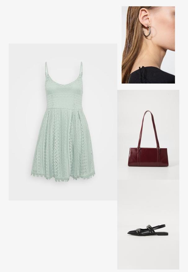 Muntgroene kanten jurk met verstelbare bandjes, heeft een getailleerde lijfje, een uitlopende rok en ingewikkelde patronen met een golvende rand.; Even&Odd by Zalando Slingback ballerina´s - black; Bourgondische handtas van glanzend materiaal, rechthoekige vorm, met twee schouderbanden en subtiele gebogen accenten aan de voorkant.; Zilveren oorbel met een gepolijste afwerking, met kleine gouden accentdetails en een ronde vorm, gedragen op de oorlel.