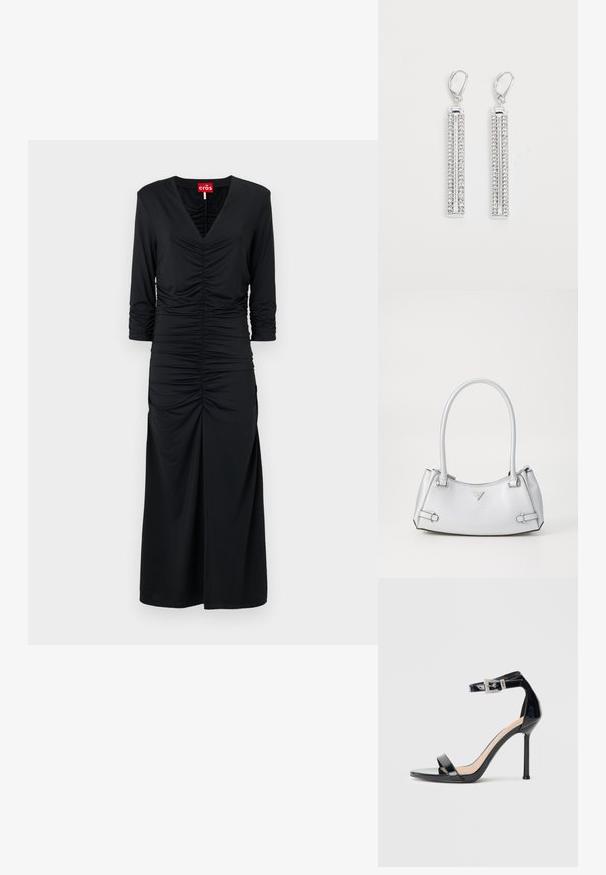 Vestido negro de tela suave, con escote en V, mangas tres cuartos y detalle fruncido en el centro, que llega hasta la mitad de la pantorrilla.; Sandalia de tacón alto en piel sintética negra con correa en el tobillo. Presenta un diseño minimalista, punta abierta y una hebilla con detalles de pedrería.; Bolso de mano plateado con un diseño estructurado, que cuenta con dos asas, textura brillante, herrajes de acento y un logo triangular en la parte frontal.; Pendientes de plata con dos barras alargadas, cada una decorada con pequeños rhinestones claros en un patrón lineal. Cierre de presión.
