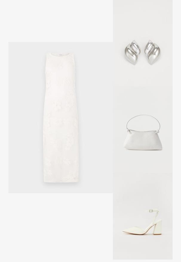 Vestido blanco sin mangas con bordado floral, de silueta recta y tejido texturizado. Diseño minimalista sin cierres visibles.; Sandalia blanca de tacón con puntera afilada, correa ajustable en el tobillo y un tacón cuadrado grueso. Textura lisa con detalles de costura mínimos.; Bolso de mano de cuero blanco tejido con asa redondeada y extremos de la correa anudados, exhibido sobre un fondo liso.; Pendientes de plata con una forma orgánica y abstracta. Superficie lisa y brillante con un diseño cónico. Presentan suaves curvas y un detalle de línea central.