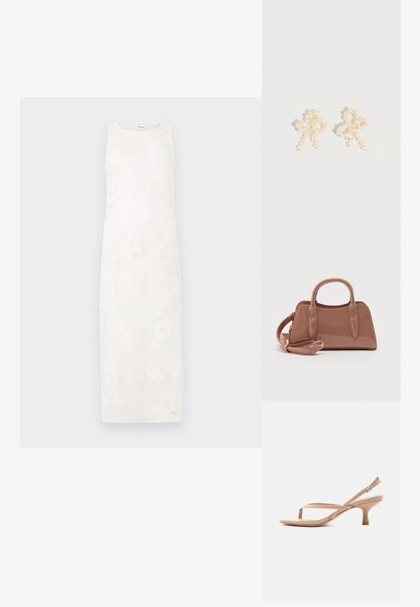 Vestido blanco sin mangas con bordado floral, de silueta recta y tejido texturizado. Diseño minimalista sin cierres visibles.; Sandalia beige de punta abierta con tacón bajo tipo kitten, tiras finas y hebilla ajustable en el tobillo sobre fondo blanco liso.; Bolso brillante color rosa con dos asas superiores, una correa de hombro desmontable y detalles decorativos de costura. Forma compacta y estructurada.; Pendientes de perla con un diseño delicado que combina perlas pequeñas y medianas, color crema y una forma que asemeja a un lazo.