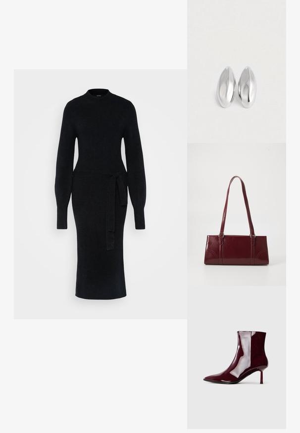 Zwarte gebreide jurk met lange mouwen, een hoge halslijn en een strik in de taille. De silhouet is aansluitend, met een rechte midi-lengte zoom.; Glanzende donkerrode enkellaars met pointed toe en dunne, middelhoge hak op een effen lichte achtergrond.; Bourgondische handtas van glanzend materiaal, rechthoekige vorm, met twee schouderbanden en subtiele gebogen accenten aan de voorkant.; Een paar gladde, glanzende zilveren ovale objecten die naast elkaar zijn geplaatst op een eenvoudige witte achtergrond.