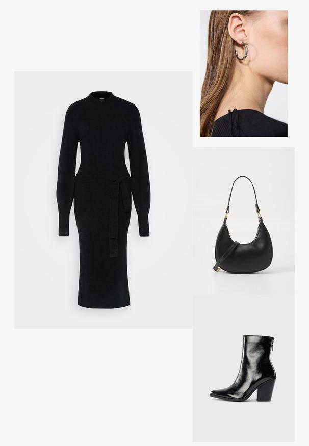 Robe en tricot noire avec manches longues, un col montant et une ceinture à la taille. La silhouette est ajustée, avec un ourlet droit à mi-longueur.; Bottines en cuir noir avec une finition brillante, bout pointu et talon trapèze. Dotées d'une fermeture éclair latérale pour un enfilage facile.; Sac à main en cuir noir avec une forme courbée, doté d'une fermeture à glissière en haut, d'une courte poignée et d'une bandoulière amovible. Accent en métal doré.; Boucle d'oreille en argent avec une finition polie, présentant de petits détails en or et de forme ronde, portée sur le lobe.