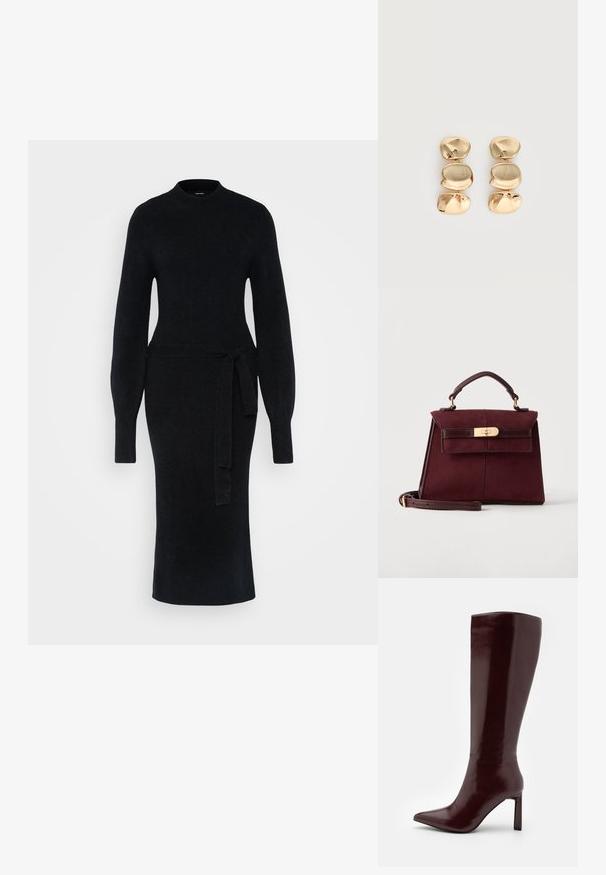 Zwarte gebreide jurk met lange mouwen, een hoge halslijn en een strik in de taille. De silhouet is aansluitend, met een rechte midi-lengte zoom.; Even&Odd by Zalando Laarzen - dark red; Donker bordeaux leren handtas met een bovenhandvat, gouden draaiversluiting en afneembare schouderriem op een effen achtergrond.; Oorbellen in goudkleur met drie onregelmatige, gladde, afgeronde segmenten die verticaal opgestapeld zijn op een egale lichte achtergrond.