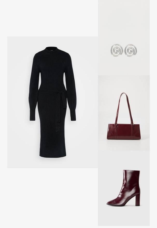 Robe en tricot noire avec manches longues, un col montant et une ceinture à la taille. La silhouette est ajustée, avec un ourlet droit à mi-longueur.; Botte en cuir bordeaux foncé brillant mi-mollet avec bout pointu et talon bloc haut sur fond neutre.; Sac à main bordeaux en matériau brillant, de forme rectangulaire, avec deux anses et des accents légèrement courbés à l'avant.; Paire de boucles d'oreilles en forme d'anneau spirale en argent avec un design lisse et arrondi sur fond blanc uni.