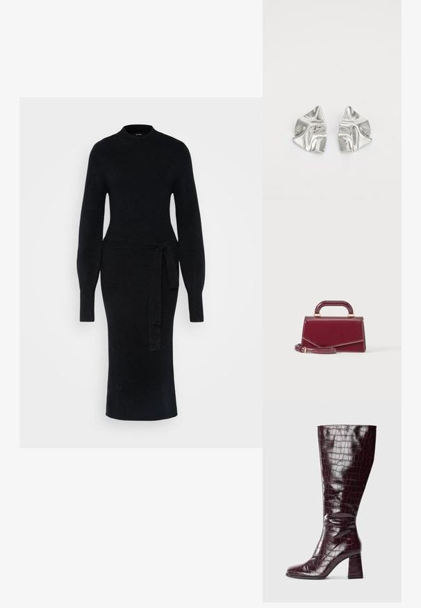 Robe en tricot noire avec manches longues, un col montant et une ceinture à la taille. La silhouette est ajustée, avec un ourlet droit à mi-longueur.; Botte à genoux bordeaux foncé avec texture crocodile et talon bloc sur fond blanc, vue de côté.; Petit sac à main bordeaux brillant avec une poignée supérieure et une bandoulière détachable, présenté sur un fond clair uni.; Boucles d'oreilles en métal argenté avec un design ondulé et sculptural, présentant une finition polie et des formes irrégulières, mettant en valeur une esthétique contemporaine.