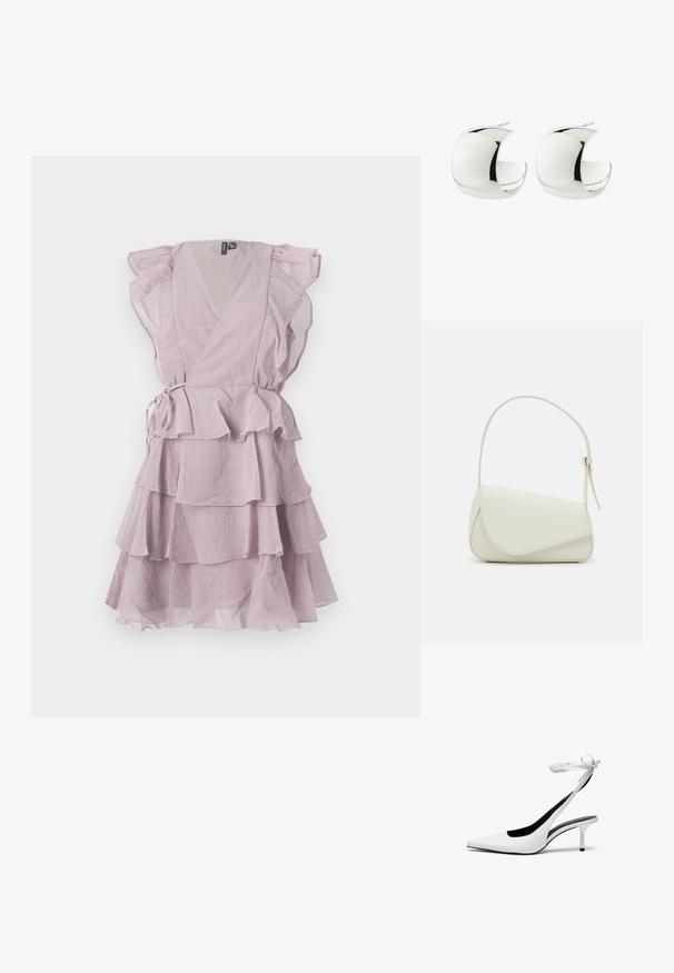 Vestido de lavanda con capas y mangas con volantes, diseño cruzado y un lazo en la cintura. Tela ligera y semitranslúcida, con detalles en capas.; Zapatos de tacón de punta blanca con tiras traseras delgadas. Material de cuero suave, tacón de aguja delgado y un forro interior negro.; Bolso de mano de imitación cuero blanco con una forma triangular estructurada, correa ajustable única y cierre con solapa acentuada en curva.; Par de pendientes de aro pulidos en forma de media luna de plata con cierre trasero de presión sobre fondo blanco.