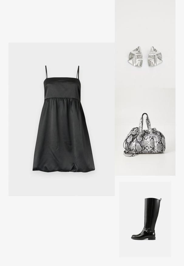 Robe en satin noir avec fines bretelles, un corsage ajusté et une jupe ample froncée. Texture lisse avec un design minimaliste.; Bottes noires montantes en cuir verni, avec un détail de boucle argentée à la cheville et une conception à bout arrondi. Semelle plate.; Sac à main en motif peau de serpent noir et blanc avec deux poignées, une fermeture à cordon et une bandoulière amovible. Texture lisse.; Boucles d'oreilles en métal argenté avec un design ondulé et sculptural, présentant une finition polie et des formes irrégulières, mettant en valeur une esthétique contemporaine.