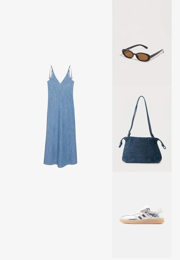 Robe sans manches en jean bleu clair avec fines bretelles réglables et un décolleté en V, s'évasant jusqu'à un ourlet mi-long.; Baskets Adidas Spezial métalliques argentées avec des rayures blanches et une semelle en gomme, vues de profil gauche sur un fond blanc uni.; Lunettes de soleil avec des verres ovales marron, monture en plastique noir et branches fines. Texture lisse avec un design minimaliste.; Sac d'épaule en denim bleu foncé avec extrémités de sangle nouées et forme rectangulaire simple sur fond blanc.