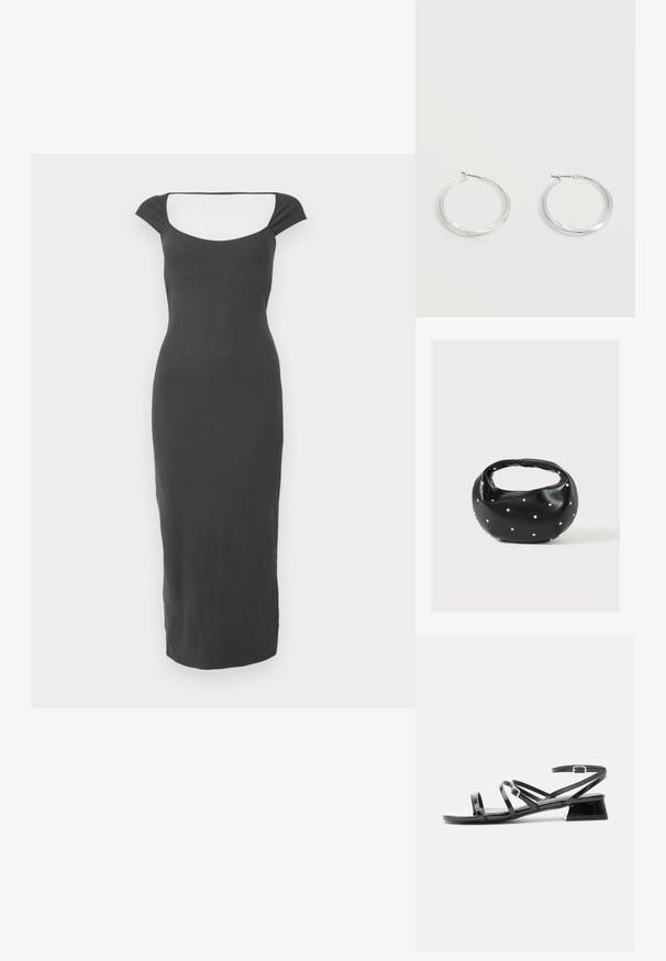 Robe noire en tricot côtelé avec un décolleté carré et des manches courtes. La conception est cintrée et descend jusqu'aux chevilles.; Sandale à talon bas en cuir verni noir avec plusieurs fines lanières et une petite bride à boucle autour de la cheville sur fond blanc.; Sac à main en cuir noir de forme arrondie, décoré de clous argentés et équipé d'une poignée courte. Texture lisse et fermeture éclair.; Boucles d’oreilles créoles en métal argenté avec une surface lisse légèrement incurvée et des fermoirs à clapet sur un fond blanc uni.