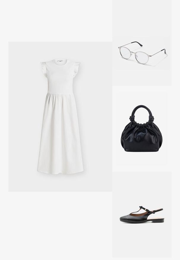 Robe blanche sans manches avec détails à volants sur les épaules, corsage ajusté et jupe longue froncée, affichée sur un fond uni.; Chaussure plate slingback en cuir noir avec bride en T et boucle dorée sur fond neutre.; Lunettes en métal argenté avec des verres ronds et une fine monture. Les embouts de branches noirs offrent un contraste. Plaquettes de nez ajustables incluses.; Sac à main en cuir noir souple avec le dessus froncé et deux grosses poignées nouées sur un fond uni clair.