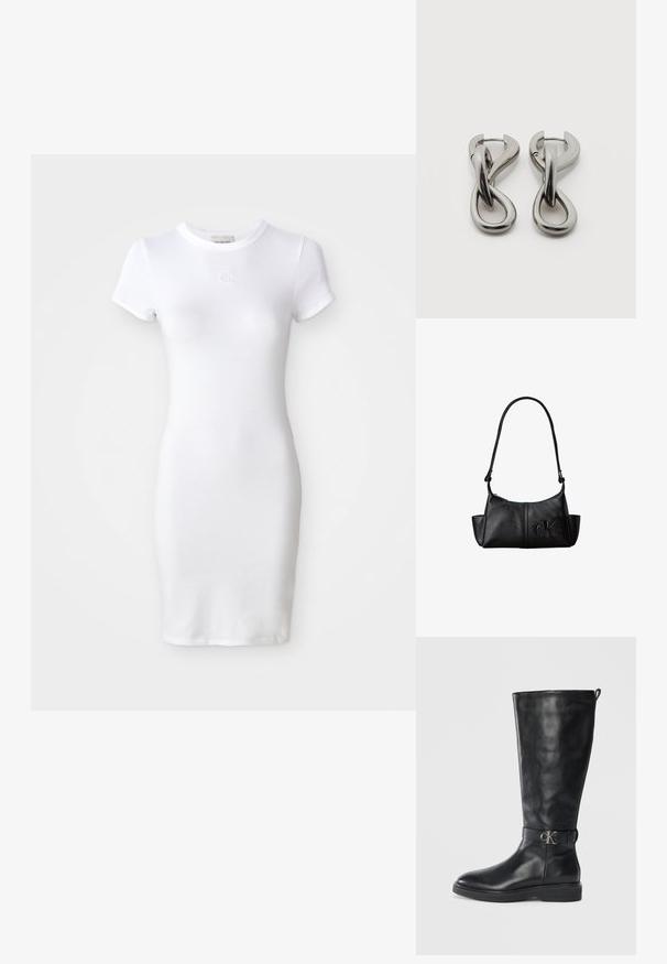 Vestido de algodón blanco con mangas cortas, forma ajustada y escote redondo. Presenta un pequeño logo bordado en el pecho.; Bota de cuero negro hasta la rodilla con tacón bajo, punta redonda y correa con hebilla metálica de logo "CK" alrededor del tobillo.; Bolso de hombro de cuero negro con correa larga, bolsillos laterales y logo de Calvin Klein en relieve en la parte delantera.; Par de pendientes de metal con acabado plateado y diseño abstracto de bucles entrelazados sobre un fondo blanco.