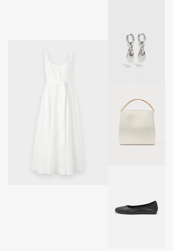 Weißes ärmelloses Kleid mit einem enganliegenden Oberteil und einem fließenden, knielangen Rock. Verfügt über einen gebundenen Taillengürtel und eine glatte Baumwolltextur.; Schwarze Leder-Ballettschuhe mit abgerundeter Spitze, glatter Textur, minimalen Nähdetails und einem flexiblen Sohlen-Design.; Strukturierte Handtasche mit Satin-Finish in Cremefarbe, mit einer Ketten-Schulterriemen. Verfügt über eine flache, glatte Textur und saubere Nähte.; Silberne Creolen mit verlängerten ovalen Gliedern, die eine polierte Oberfläche und einen strukturierten Anhänger aufweisen. Einfaches Design mit glatten Kanten.