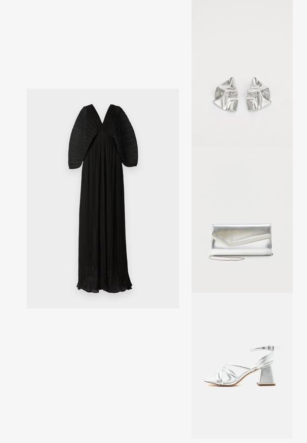 Vestido maxi plisado negro con un escote en V profundo y mangas voluminosas y texturizadas. Cuenta con una cintura ajustada y una silueta fluida.; Sandalia plateada con tiras, tacón cuadrado y correa con hebilla en el tobillo, punta abierta y suela lisa sobre fondo blanco liso.; Bolso clutch plateado brillante con solapa de estilo sobre y adorno decorativo, pequeña correa de cadena plateada, sobre fondo liso claro.; Pendientes de metal plateado con un diseño ondulado y escultórico, que presentan un acabado pulido y formas irregulares, destacando una estética contemporánea.