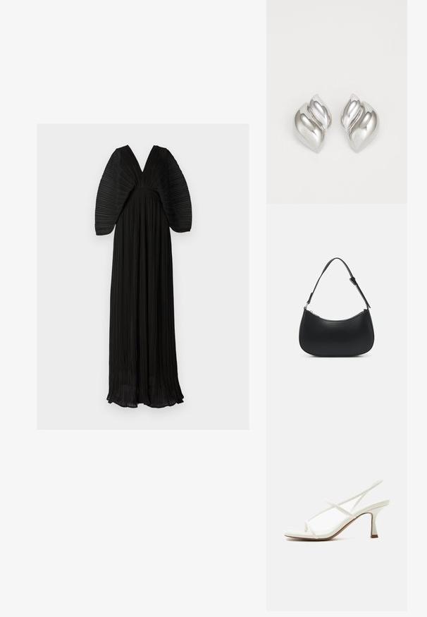 Vestido maxi plisado negro con un escote en V profundo y mangas voluminosas y texturizadas. Cuenta con una cintura ajustada y una silueta fluida.; Sandalia blanca de mujer con tacón, puntera abierta, tiras delgadas cruzadas y talonera en un fondo claro.; Pieces PCALUANA SHOULDER BAG - Bolso de mano - black; Pendientes de plata con una forma orgánica y abstracta. Superficie lisa y brillante con un diseño cónico. Presentan suaves curvas y un detalle de línea central.