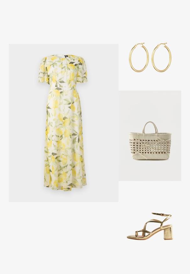 Blumenkleid mit Zitronendruck auf durchsichtigen weißen Stoff, kurzen Puffärmeln und taillierter Taille, das bis zur Maxi-Länge fließt.; Goldfarbener, metallischer Sandale mit Blockabsatz, mehreren dünnen Riemen und verstellbarer Knöchelschnalle, vor weißem Hintergrund dargestellt.; Geflochtene beige Tragetasche mit offenem Gittermuster in der Mitte und mehreren gebundenen Schleifen, ausgestattet mit kurzen, geflochtenen Griffen.; Goldene Creolen mit einer polierten Oberfläche, die eine glatte Textur und ein sicheres Verschlussdesign aufweisen. Runde Form, mittlere Größe.
