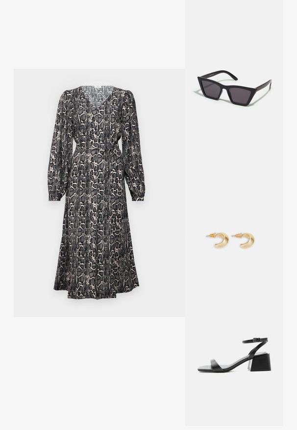 Vestido de manga larga con un estampado de serpiente que presenta un escote en V, cintura ceñida y una falda en línea A fluida en tonos negros y beiges.; Sandalia negra de cuero con punta abierta, tacón ancho, tira delgada para el tobillo y cierre de hebilla, vista de lado sobre fondo blanco.; Gafas de sol negras y angulares con lentes grises; fabricadas en plástico, con varillas gruesas de superficie suave y sin herrajes visibles.; Pendientes en forma de media luna de oro con un acabado suave, que presentan acentos naranjas cerca del pasador y herrajes de plata.
