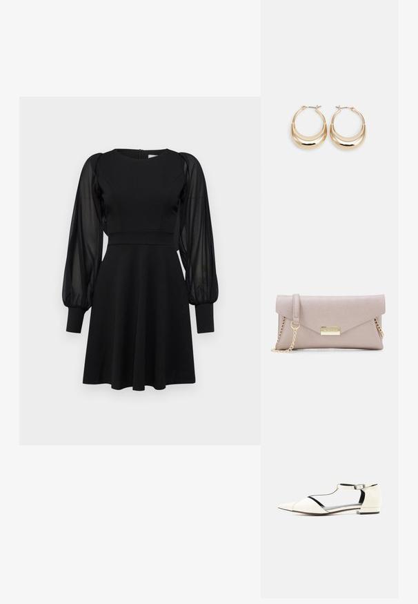 Vestido negro con corpiño ajustado, falda acampanada y mangas abullonadas transparentes. Presenta un escote redondo y cierre de cremallera en la parte posterior.; Zapato plano blanco de punta puntiaguda con tira en T y hebilla en el tobillo, tacón bajo y lados recortados, exhibido sobre un fondo neutro.; Bolso de mano Valentino en suave tela beige, con tapa plegable, cadena dorada y placa metálica con logotipo en la parte delantera.; Pendientes de aro en tono dorado con forma de media luna, superficie pulida y cierre tipo bisagra. La textura suave y el acabado reflectante mejoran la visibilidad.