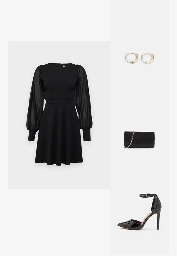 Vestido negro con corpiño ajustado, falda acampanada y mangas abullonadas transparentes. Presenta un escote redondo y cierre de cremallera en la parte posterior.; Zapato de tacón alto de charol negro con punta afilada, tiras en el tobillo y tacón stilettos delgado. Textura suave con acabado brillante.; Bolso de mano negro hecho de ante con un acabado texturizado, que presenta una cadena dorada y un diseño elegante y angular.; Pendientes de aro en oro y plata con un acabado metálico mixto, que presentan un diseño curvado y suave, y un cierre sin costuras.
