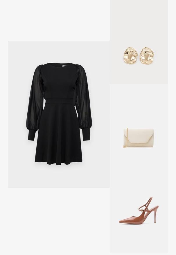 Robe noire avec un corsage ajusté, une jupe évasée et des manches bouffantes transparentes. Présente un col rond et une fermeture éclair au dos.; Escarpin en cuir verni marron à bout pointu avec fine bride à la cheville et boucle, finition lisse et brillante, vue de côté sur fond blanc.; Pochette beige avec une texture lisse, une chaîne dorée et un rabat de style enveloppe avec un contour doré contrasté.; Boucles d'oreilles en métal doré en forme d'ergots, présentant un design irrégulier et lisse avec une surface réfléchissante et des bords ondulés. Sans embellissements supplémentaires.