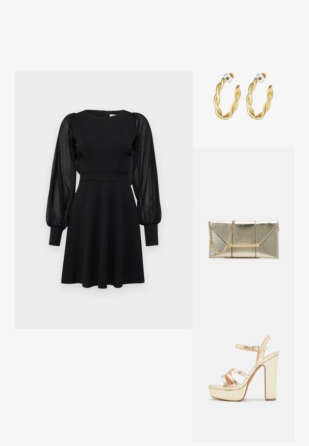 Robe noire avec un corsage ajusté, une jupe évasée et des manches bouffantes transparentes. Présente un col rond et une fermeture éclair au dos.; Sandales à plateforme métalliques dorées avec un talon carré, comportant plusieurs sangles croisées et une bride à boucle autour de la cheville. Texture lisse et design robuste.; Sac à main doré métallique avec un design structuré, featuring des coutures diagonales et une bandoulière en chaîne dorée. Comprend une barre d'accent en métal sur le devant.; Boucles d'oreilles créoles dorées torsadées avec une surface lisse, présentant un dos transparent et une quincaillerie dorée.