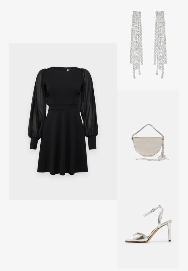 Vestido negro con corpiño ajustado, falda acampanada y mangas abullonadas transparentes. Presenta un escote redondo y cierre de cremallera en la parte posterior.; Sandalía de tacón alto plateada con punta abierta, textura metálica y correa de tobillo ajustable. Cuenta con un tacón de aguja afilado y una plantilla suave.; Bolso de mano en forma de media luna en satén beige con una cadena plateada brillante y detalle de flecos. Textura suave con diseño minimalista.; Pendientes largos de plata que presentan una variedad de cristales transparentes facetados en cascadas con diferentes longitudes y formas.