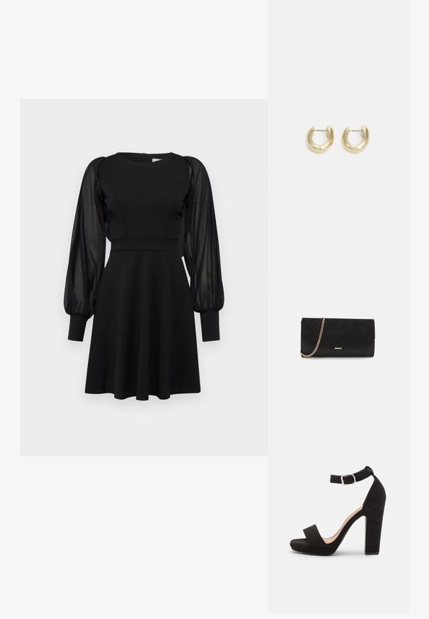 Vestido negro con corpiño ajustado, falda acampanada y mangas abullonadas transparentes. Presenta un escote redondo y cierre de cremallera en la parte posterior.; Anna Field Sandalias - black; Bolso de mano negro hecho de ante con un acabado texturizado, que presenta una cadena dorada y un diseño elegante y angular.; Pendientes de aro en tono dorado con un acabado suave y pulido. Presentan una forma de medio círculo y un cierre de poste seguro.
