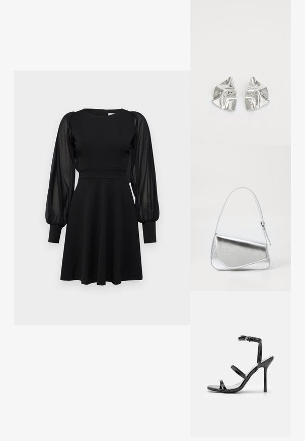 Robe noire avec un corsage ajusté, une jupe évasée et des manches bouffantes transparentes. Présente un col rond et une fermeture éclair au dos.; Sandales à talons hauts en cuir verni noir avec trois sangles horizontales et une sangle de cheville ajustable. Silhouette élégante et finition brillante.; Sac à main en métal argenté de forme triangulaire, texture lisse et fine bandoulière réglable. Présente un design rabat avec couture.; Boucles d'oreilles en métal argenté avec un design ondulé et sculptural, présentant une finition polie et des formes irrégulières, mettant en valeur une esthétique contemporaine.