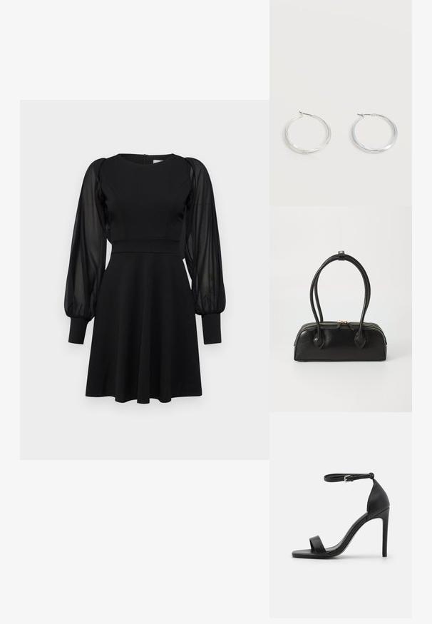 Schwarzes Kleid mit tailliertem Oberteil, ausgestelltem Rock und durchsichtigen Puffärmeln. Verfügt über einen runden Ausschnitt und einen Reißverschluss hinten.; Schwarze hochhackige Sandale mit elegantem Design, featuring einem Knöchelriemen, offener Zehenpartie und glattem Lederfinish.; Schwarze Lederhandtasche mit zwei verlängerten Griffen, Reißverschluss und runder Form; glatte Textur mit subtiler glänzender Oberfläche.; Silberne Metallcreolen mit glatter, leicht gebogener Oberfläche und Klappverschluss vor schlicht weißem Hintergrund.