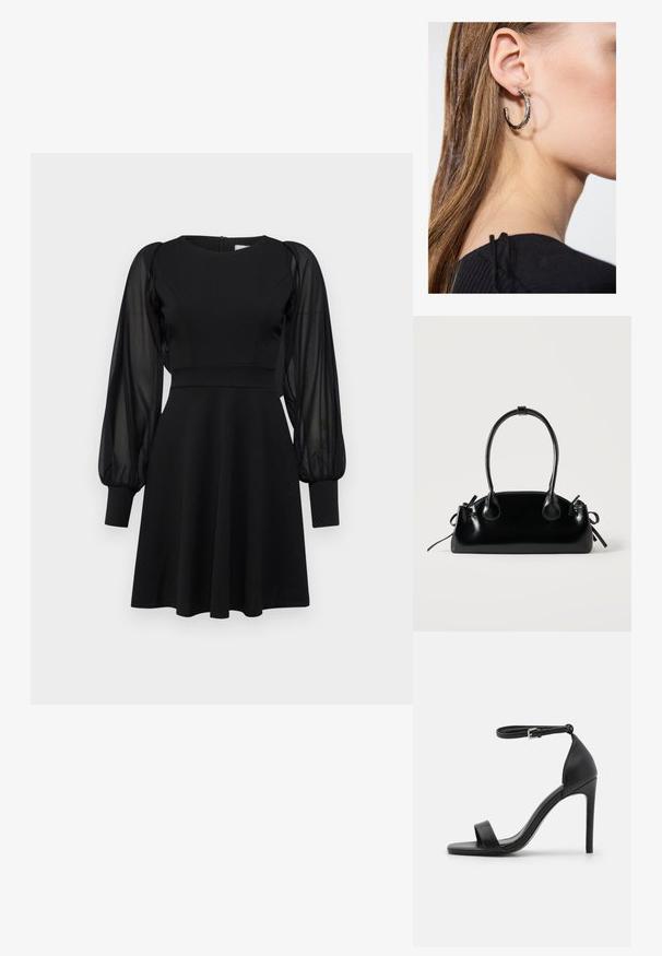 Robe noire avec un corsage ajusté, une jupe évasée et des manches bouffantes transparentes. Présente un col rond et une fermeture éclair au dos.; Sandale noire à talons hauts au design épuré, avec une bride au niveau de la cheville, un bout ouvert et une texture en cuir lisse.; Petit sac à main noir brillant avec deux longues anses et des détails à cordon sur les côtés sur un fond clair uni.; Boucle d'oreille en argent avec une finition polie, présentant de petits détails en or et de forme ronde, portée sur le lobe.
