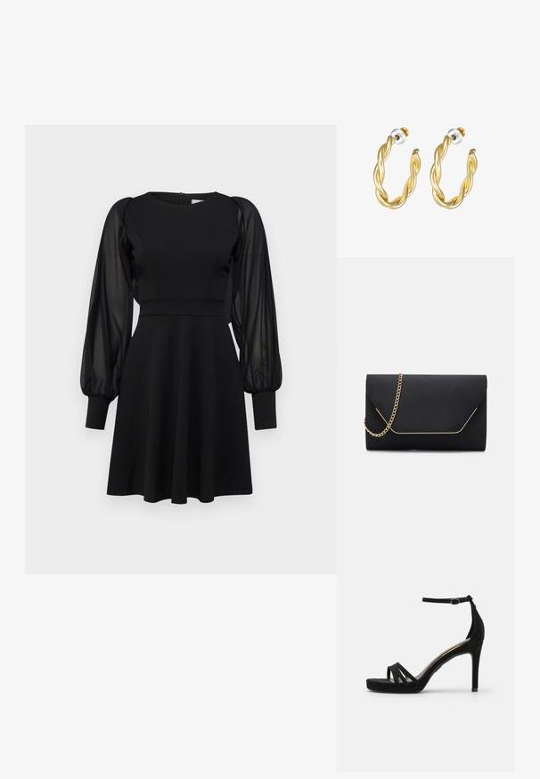 Robe noire avec un corsage ajusté, une jupe évasée et des manches bouffantes transparentes. Présente un col rond et une fermeture éclair au dos.; Sandale à talon haut en daim noir avec une ouverture à l'avant, comportant trois bandes étroites sur le devant et une bride de cheville ajustable.; Pochette noire au toucher lisse, dotée d'une chaîne en or et d'une fermeture à rabat géométrique rehaussée de doré.; Boucles d'oreilles créoles dorées torsadées avec une surface lisse, présentant un dos transparent et une quincaillerie dorée.