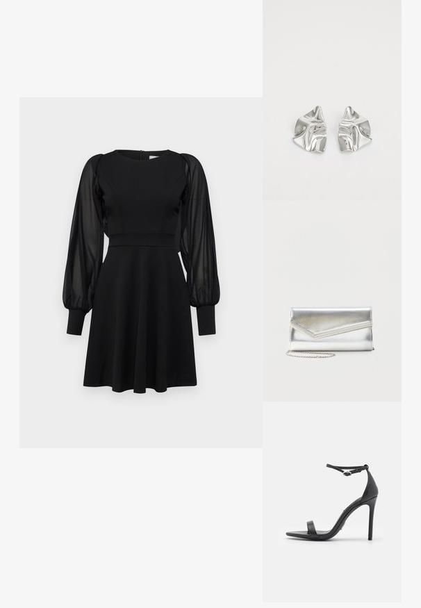 Robe noire avec un corsage ajusté, une jupe évasée et des manches bouffantes transparentes. Présente un col rond et une fermeture éclair au dos.; Sandales noires à talons hauts avec un orteil ouvert, des fines lanières et une boucle à la cheville. Texture en cuir lisse avec un design de forme pointue.; Pochette argentée brillante avec rabat style enveloppe et garniture décorative, petite bandoulière chaîne argentée, sur fond clair uni.; Boucles d'oreilles en métal argenté avec un design ondulé et sculptural, présentant une finition polie et des formes irrégulières, mettant en valeur une esthétique contemporaine.