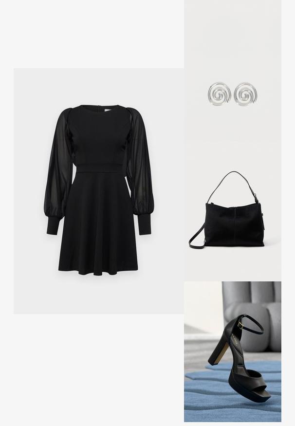 Schwarzes Kleid mit tailliertem Oberteil, ausgestelltem Rock und durchsichtigen Puffärmeln. Verfügt über einen runden Ausschnitt und einen Reißverschluss hinten.; Schwarze Sandalette mit hohem Absatz, quadratischer Spitze, verstellbarem Knöchelriemen, gepolsterter Textur und blockigem Absatz mit Goldakzent.; Schwarze Schultertasche mit einer glatten, strukturierten Oberfläche, ausgestattet mit einem einzigen Schulterriemen und einem oberen Reißverschluss. Kompakte rechteckige Form.; Paar silberne Spiral-Creolen mit glattem, rundem Design auf einfachem weißem Hintergrund.