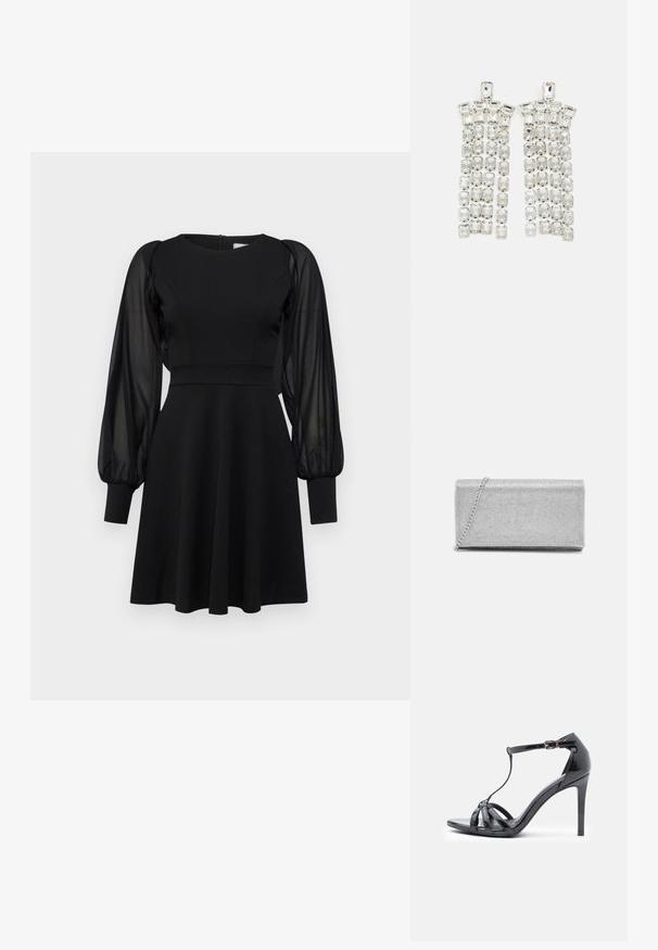 Robe noire avec un corsage ajusté, une jupe évasée et des manches bouffantes transparentes. Présente un col rond et une fermeture éclair au dos.; Sandale à talons hauts en cuir verni noir avec des fines lanières, design en T, fermeture à boucle et silhouette élégante et courbée.; Pochette en métal argenté avec un design en maillage tissé, de forme rectangulaire, et une chaîne pour le transport. Texture lisse et finition polie.; Boucles d'oreilles en cristal avec des accents en métal argenté, ornées de plusieurs pierres taillées en rectangles et carrés disposées en rangées en cascade.