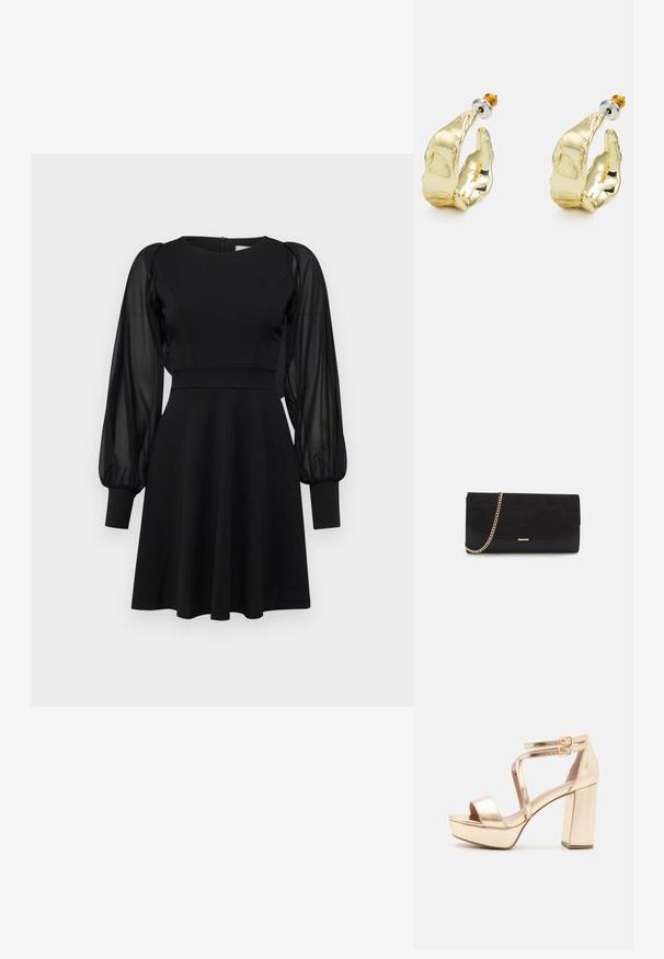 Schwarzes Kleid mit tailliertem Oberteil, ausgestelltem Rock und durchsichtigen Puffärmeln. Verfügt über einen runden Ausschnitt und einen Reißverschluss hinten.; Goldene metallische Plateausandalen mit einem klobigen Blockabsatz, offenen Zehen und kreuzweise verlaufenden Knöchelriemen mit Schnallenakzenten. Glatte Textur.; Schwarze Clutch aus Wildleder mit strukturierter Oberfläche, ausgestattet mit einem goldenen Kettenriemen und einem eleganten, kantigen Design.; Goldfarbene Ohrringe in Form abstrakter Hände, mit einer glänzenden Oberfläche, filigranen Details und einem Silber- und Goldstift für sicheren Halt.