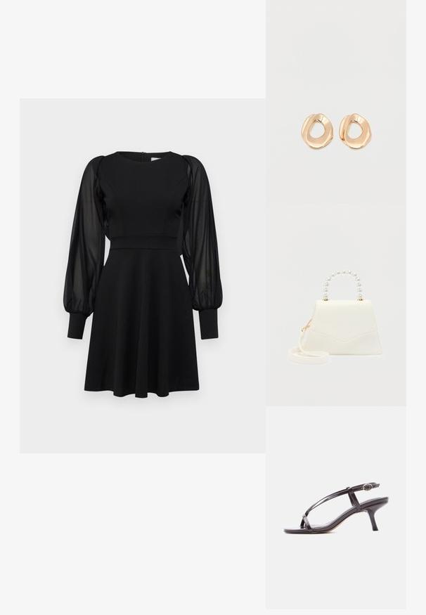 Schwarzes Kleid mit tailliertem Oberteil, ausgestelltem Rock und durchsichtigen Puffärmeln. Verfügt über einen runden Ausschnitt und einen Reißverschluss hinten.; Schwarze Lackleder-Kitten-Heel-Sandale mit dünnen, überkreuzten Riemchen und einer kleinen goldenen Schnalle am Knöchelriemen.; Weiße trapezförmige Handtasche mit einem Griff aus perlenbesetzten Perlen und abnehmbarem Schulterriemen, dargestellt vor einem schlichten hellen Hintergrund.; Paar unregelmäßig geformter, polierter Creolen aus goldfarbenem Metall mit offenem Zentrum auf weißem Hintergrund.